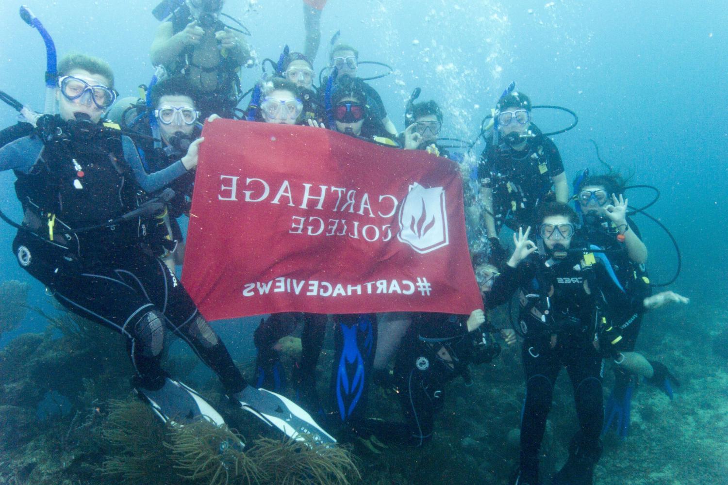 学生们手持<a href='http://5fph.createyourpathtojoy.com'>bv伟德ios下载</a>旗帜，在j学期洪都拉斯游学之旅中潜水.